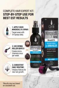 Caviii Minoxidil 5 Percent Spray 100ml with Derma Roller for Hair Regrowth and Beard Growth