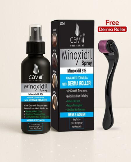 Caviii Minoxidil 5 Percent Spray 100ml with Derma Roller for Hair Regrowth and Beard Growth
