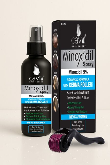 Minoxidil 5% hair spray box packaging and bottle in Pakistan