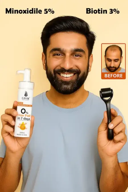 Caviii hair oil for growth bundle featuring free derma roller